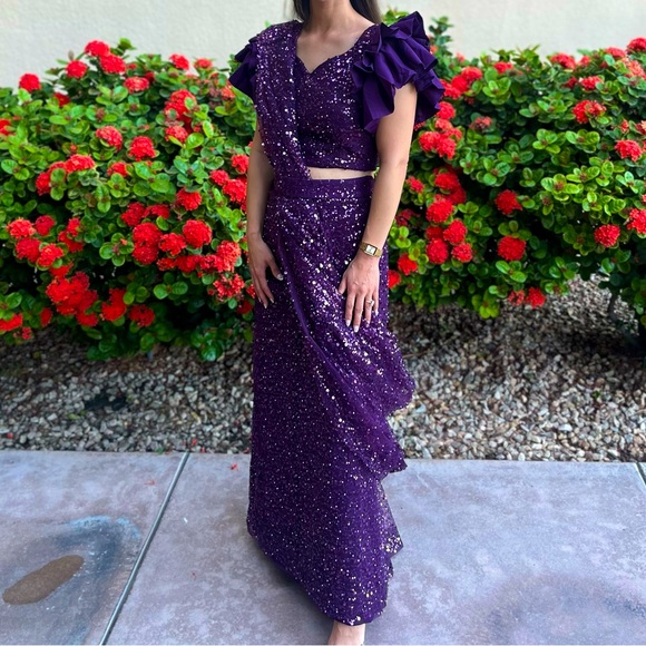 Purple Pre Stitched Embroidered Saree and Blouse Set - Picture 6 of 11